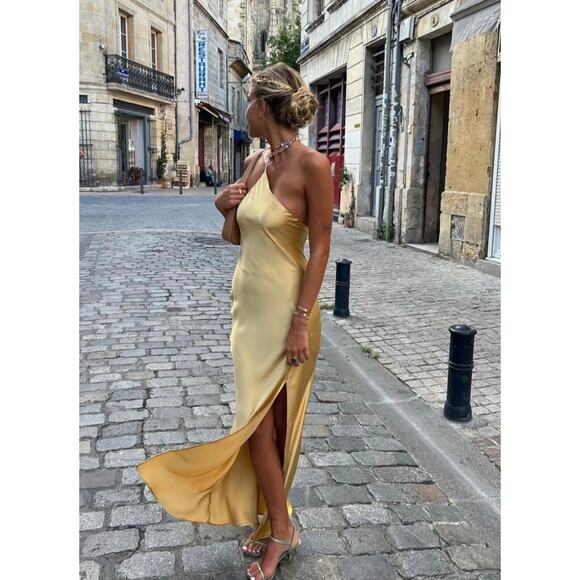 Blue Moonlight Open Back Satin Slit Long Dress - Picture 2 of 6